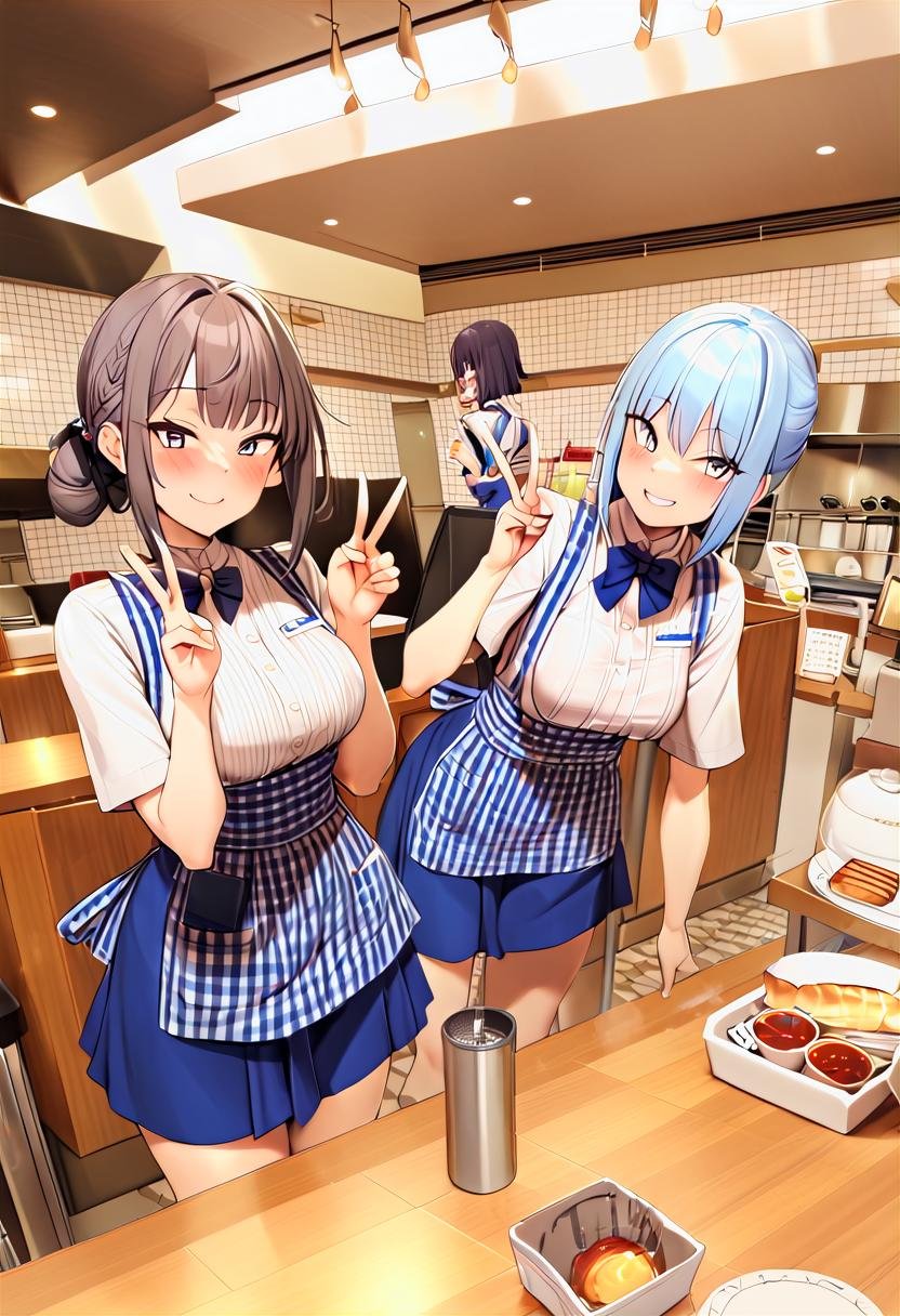 multiple girls, 2girls, v, smile, KRU, blue bow, blue bowtie, white shirt, short sleeves, blue skirt, blue apron,  gingham apron, employee uniform, high-waist skirt, waitress, indoors, blinds, name tag,best quality,  highres, extreme detailed <lora:kobeyaU_SDXL_V2:1>