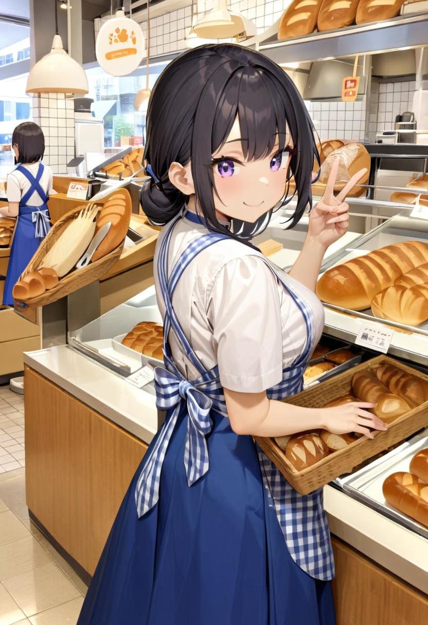 masterpiece, best quality, very aesthetic, absurdres, cute, 1girl, solo , black hair, smile, v, shop, food, bread, looking at viewer, indoors, tongs, black hair, hand up, smile,KRU, white shirt, short sleeves, blue skirt, blue apron,  gingham apron, employee uniform, high-waist skirt, waitress,  from behind, simple background, long skirt, blue apron, name tag,<lora:kobeyaU_SDXL_V2:1>