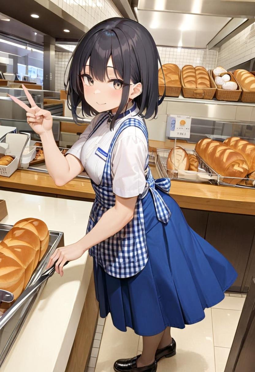 masterpiece, best quality, very aesthetic, absurdres, cute, 1girl, solo , black hair, smile, v, shop, food, bread, looking at viewer, indoors, tongs, black hair, hand up, smile,KRU, white shirt, short sleeves, blue skirt, blue apron,  gingham apron, employee uniform, high-waist skirt, waitress,  from behind, simple background, long skirt, blue apron, name tag,<lora:kobeyaU_SDXL_V2:1>