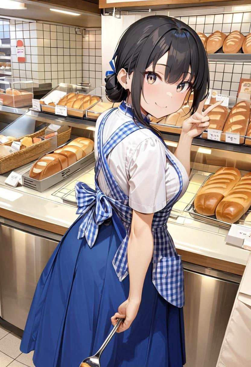 masterpiece, best quality, very aesthetic, absurdres, cute, 1girl, solo , black hair, smile, v, shop, food, bread, looking at viewer, indoors, tongs, black hair, hand up, smile,KRU, white shirt, short sleeves, blue skirt, blue apron,  gingham apron, employee uniform, high-waist skirt, waitress,  from behind, simple background, long skirt, blue apron, name tag,<lora:kobeyaU_SDXL_V2:1>