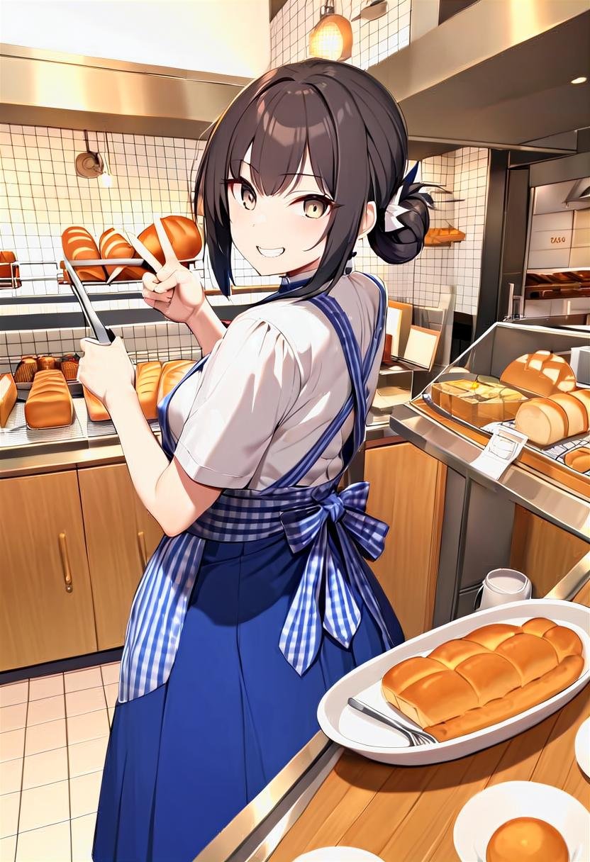 KRU, white shirt, short sleeves, blue skirt, blue apron,  gingham apron, employee uniform, high-waist skirt, waitress,  from behind, simple background, long skirt, blue apron, name tag, 1girl, smile, v, shop, food, bread, looking at viewer, grin, indoors, tongs, black hair, hand upbest quality,  highres, extreme detailed <lora:kobeyaU_SDXL_V2:1>