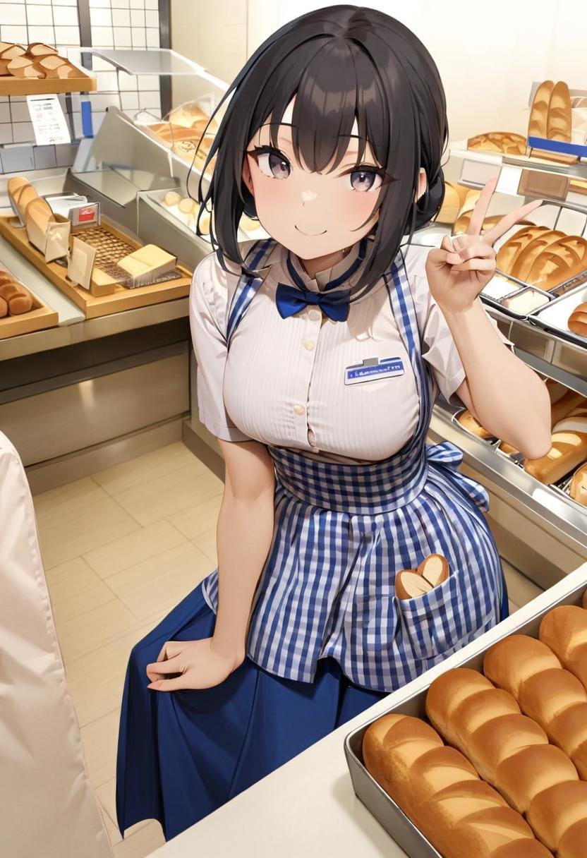 masterpiece, best quality, very aesthetic, absurdres,1girl, solo , black hair, smile, v, shop, food, bread, looking at viewer, indoors, tongs, black hair, hand up, smile, KRU, white shirt, short sleeves, blue skirt, blue apron,  gingham apron, employee uniform, high-waist skirt, waitress, long skirt, blue apron, name tag,<lora:kobeyaU_SDXL_V2:1>