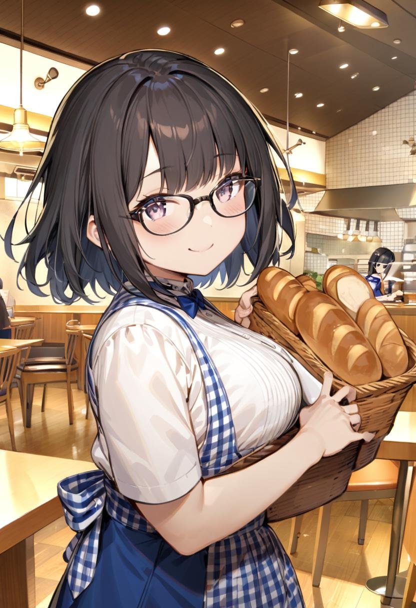 masterpiece, best quality, very aesthetic, absurdres, cute, 1girl, solo , glasses, black hair, medium hair, smile, looking at viewer, happy, smile,KRU, white shirt, short sleeves, blue skirt, blue apron,  gingham apron, employee uniform, high-waist skirt, waitress, simple background, long skirt, blue apron, name tag,holding basket, bread, scenery, ceiling light, indoors, restaurant, table, chair, ceiling, lights, menu, cup<lora:kobeyaU_SDXL_V2:1>