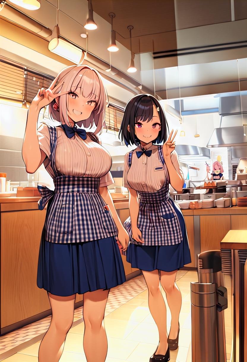 multiple girls, 2girls, v, smile, KRU, blue bow, blue bowtie, white shirt, short sleeves, blue skirt, blue apron,  gingham apron, employee uniform, high-waist skirt, waitress, indoors, blinds, name tag,best quality,  highres, extreme detailed <lora:kobeyaU_SDXL_V2:1>