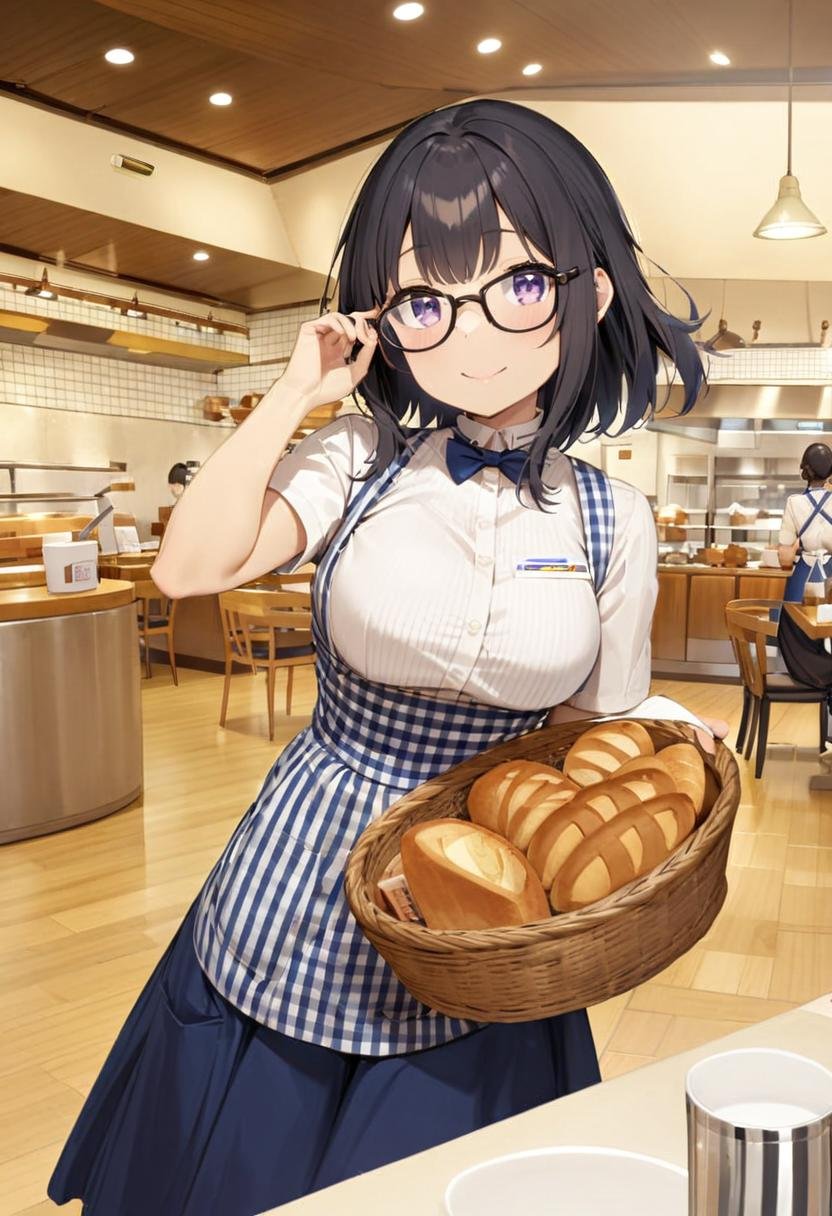 masterpiece, best quality, very aesthetic, absurdres, cute, 1girl, solo , glasses, black hair, medium hair, smile, looking at viewer, happy, smile,KRU, white shirt, short sleeves, blue skirt, blue apron,  gingham apron, employee uniform, high-waist skirt, waitress, simple background, long skirt, blue apron, name tag,holding basket, bread, scenery, ceiling light, indoors, restaurant, table, chair, ceiling, lights, menu, cup<lora:kobeyaU_SDXL_V2:1>