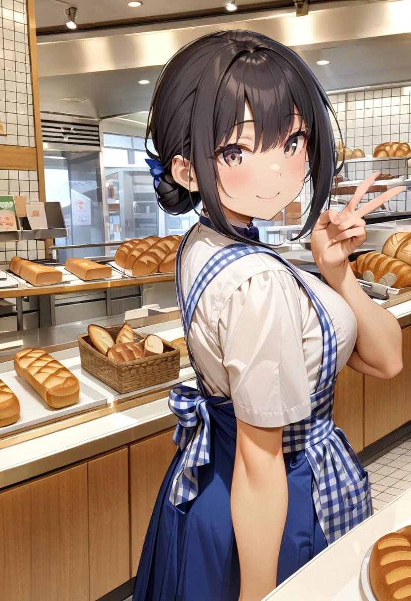 masterpiece, best quality, very aesthetic, absurdres, cute, 1girl, solo , black hair, smile, v, shop, food, bread, looking at viewer, indoors, tongs, black hair, hand up, smile,KRU, white shirt, short sleeves, blue skirt, blue apron,  gingham apron, employee uniform, high-waist skirt, waitress,  from behind, simple background, long skirt, blue apron, name tag,<lora:kobeyaU_SDXL_V2:1>