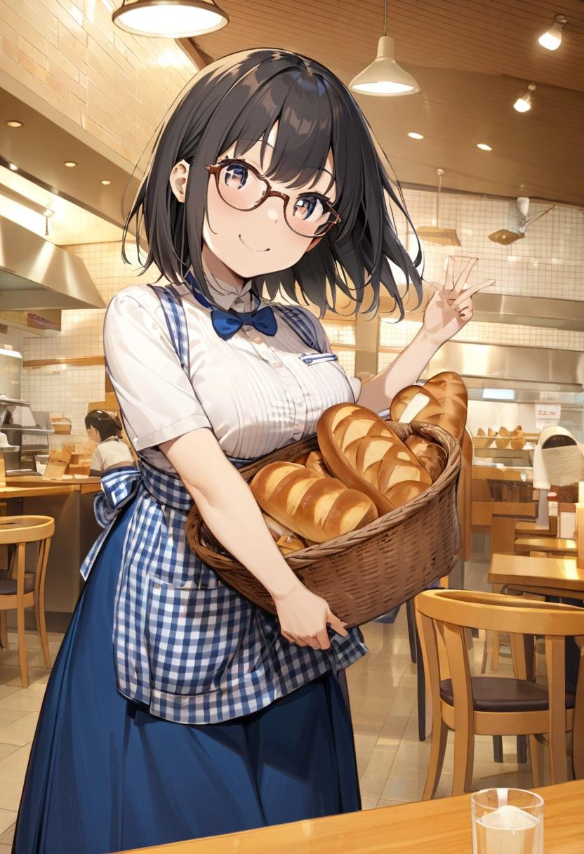 masterpiece, best quality, very aesthetic, absurdres, cute, 1girl, solo , glasses, black hair, medium hair, smile, looking at viewer, happy, smile,KRU, white shirt, short sleeves, blue skirt, blue apron,  gingham apron, employee uniform, high-waist skirt, waitress, simple background, long skirt, blue apron, name tag,holding basket, bread, scenery, ceiling light, indoors, restaurant, table, chair, ceiling, lights, menu, cup<lora:kobeyaU_SDXL_V2:1>