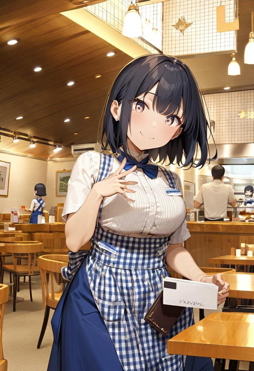 masterpiece, best quality, very aesthetic, absurdres, cute, 1girl, solo , black hair, smile, looking at viewer, indoors, black hair, smile,KRU, white shirt, short sleeves, blue skirt, blue apron,  gingham apron, employee uniform, high-waist skirt, waitress, simple background, long skirt, blue apron, name tag,scenery, ceiling light, indoors, restaurant, table, chair, ceiling, lights, menu, cup<lora:kobeyaU_SDXL_V2:1>