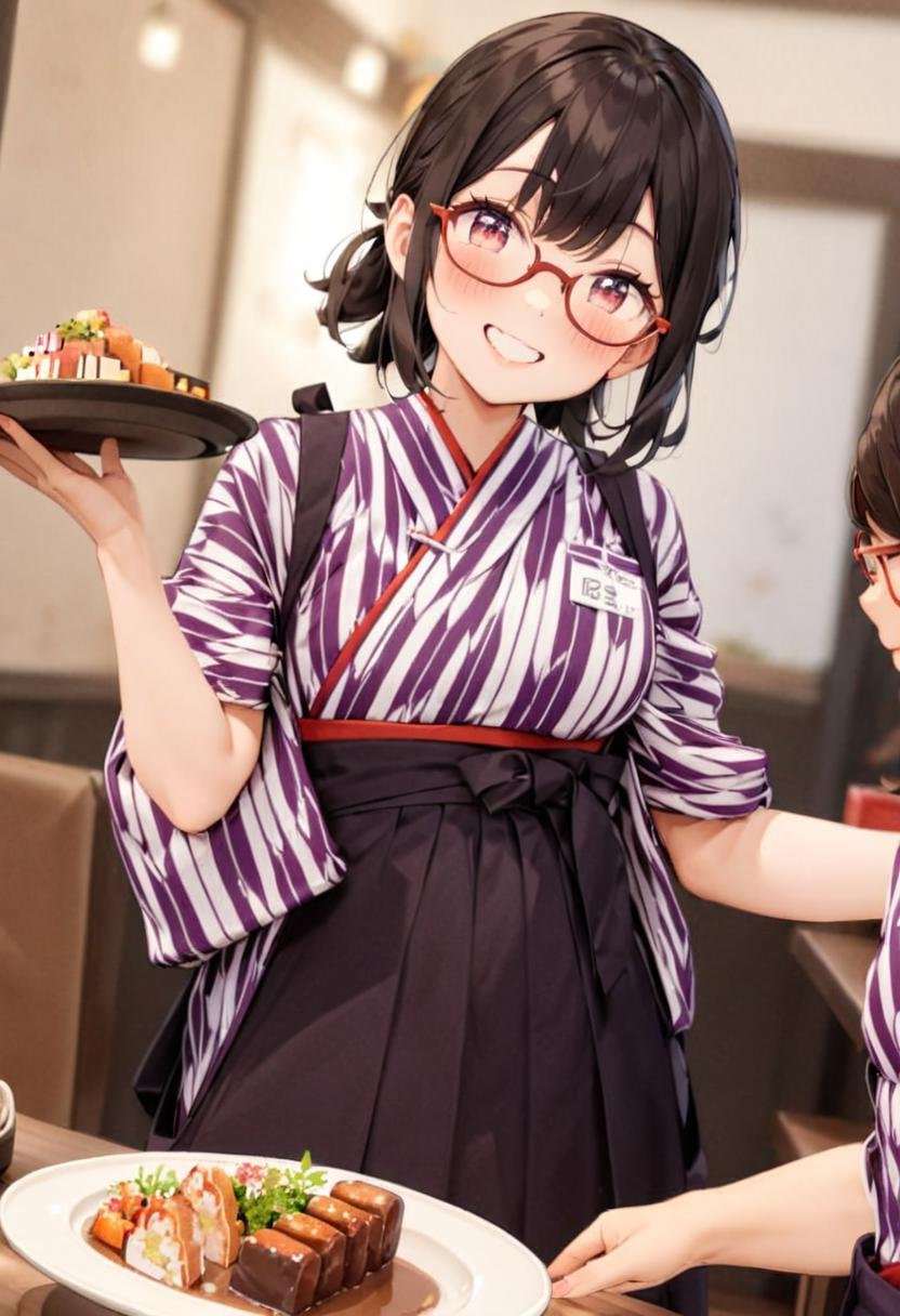 masterpiece, best quality, very aesthetic, absurdres, cute, 1girl, solo , glasses, black hair, medium hair, smile, looking at viewer, happy, smile,BMC, yagasuri, japanese clothes, 1girl, smile, waitress, hakama skirt, food, solo focus, real life insert, brown hair, yagasuri,standing, <lora:basyamichi_SDXL_V1:1>