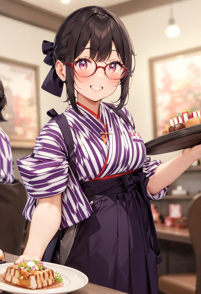 masterpiece, best quality, very aesthetic, absurdres, cute, 1girl, solo , glasses, black hair, medium hair, smile, looking at viewer, happy, smile,BMC, yagasuri, japanese clothes, 1girl, smile, waitress, hakama skirt, food, solo focus, real life insert, brown hair, yagasuri,standing, <lora:basyamichi_SDXL_V1:1>