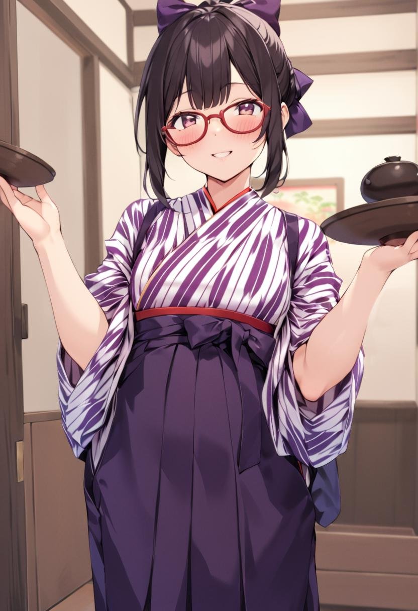 BMC, 1girl, glasses, yagasuri, japanese clothes, black hair, kimono, hair bow, purple bow, hakama skirt, indoors, hair bun, holding, single hair bun, long sleeves, tasuki, happy, smile, looking at viewer, standing, best quality,  highres, extreme detailed <lora:basyamichi_SDXL_V1:1>