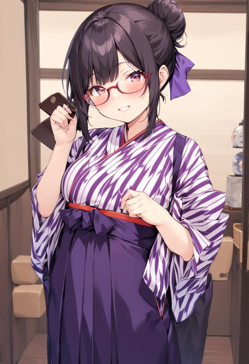 BMC, 1girl, glasses, yagasuri, japanese clothes, black hair, kimono, hair bow, purple bow, hakama skirt, indoors, hair bun, holding, single hair bun, long sleeves, tasuki, happy, smile, looking at viewer, standing, best quality,  highres, extreme detailed <lora:basyamichi_SDXL_V1:1>