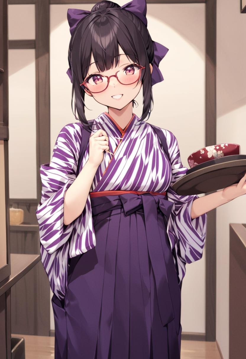 BMC, 1girl, glasses, yagasuri, japanese clothes, black hair, kimono, hair bow, purple bow, hakama skirt, indoors, hair bun, holding, single hair bun, long sleeves, tasuki, happy, smile, looking at viewer, standing, best quality,  highres, extreme detailed <lora:basyamichi_SDXL_V1:1>