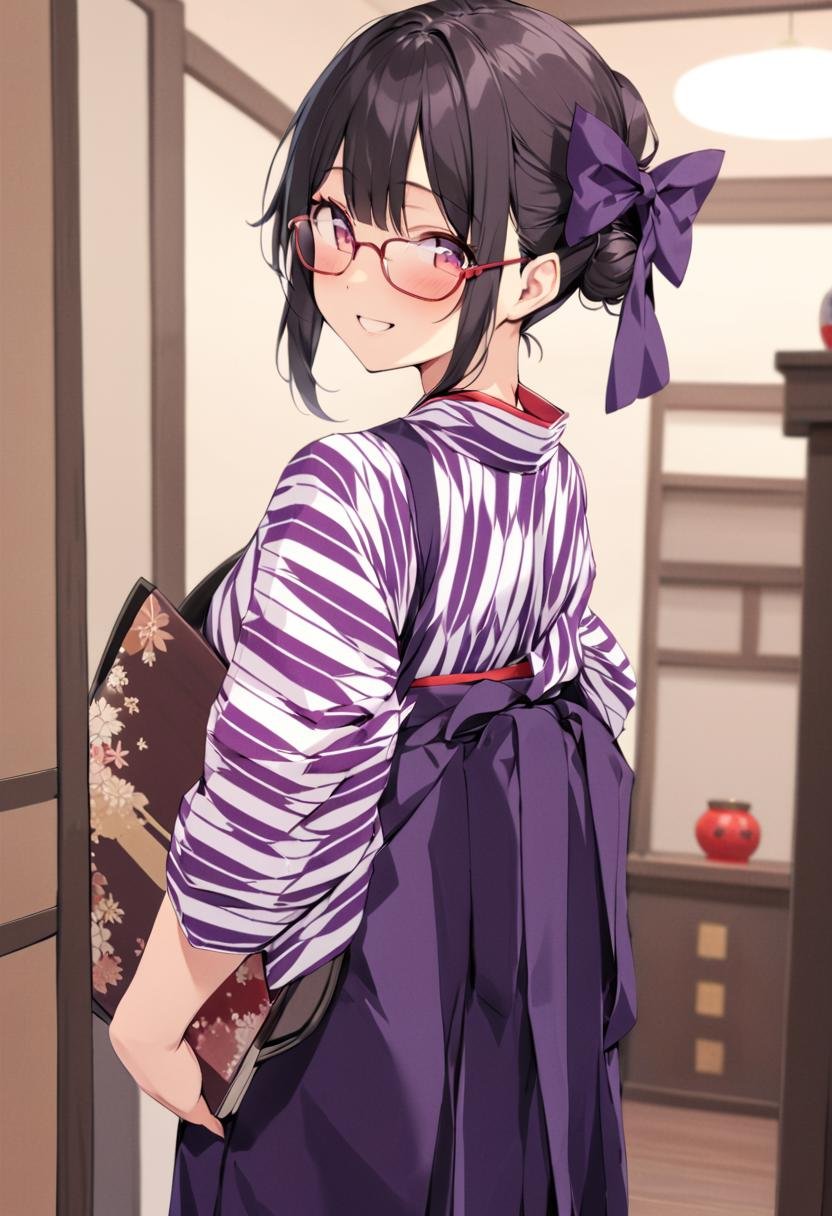 BMC, 1girl, glasses, yagasuri, japanese clothes, black hair, from behind, kimono, hair bow, purple bow, hakama skirt, indoors, hair bun, holding, single hair bun, long sleeves, tasuki, happy, smile, looking at viewer, standing, best quality,  highres, extreme detailed <lora:basyamichi_SDXL_V1:1>