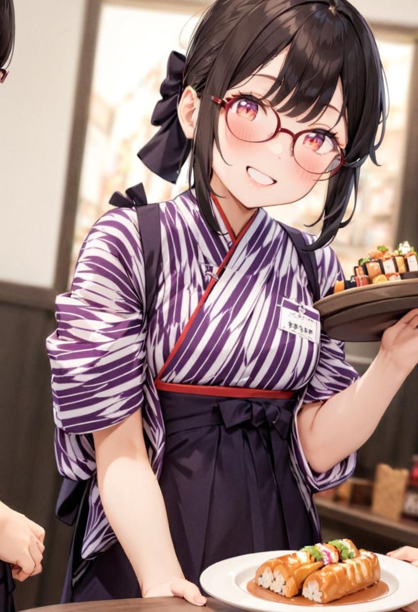 masterpiece, best quality, very aesthetic, absurdres, cute, 1girl, solo , glasses, black hair, medium hair, smile, looking at viewer, happy, smile,BMC, yagasuri, japanese clothes, 1girl, smile, waitress, hakama skirt, food, solo focus, real life insert, brown hair, yagasuri,standing, <lora:basyamichi_SDXL_V1:1>