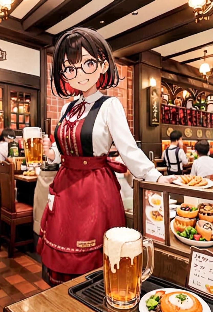 masterpiece, best quality, very aesthetic, absurdres, cute, 1girl, solo , glasses, black hair, medium hair, smile, looking at viewer, happy, smile,NMC, apron, ribbon, neck ribbon, standing, shirt, red ribbon, long sleeves, red apron, smile, skirt, blue footwear, white shirt, dress,indoors, multiple boys, window, food, restaurant, holding beer mug, standing, cup, white shirt, counter, chair, table,  <lora:NMC_SDXL_V2:1>