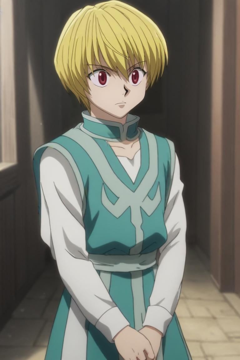 score_9, score_8_up, score_7_up, score_6_up, score_5_up, score_4_up, BREAK source_anime, anime screencap, anime coloring, , , , depth of field, 1boy, solo, male focus, <lora:kurapika_hxh_pony:0.92>, kurapika_hxh, blonde hair, red eyes, short hair, bangs, hair between eyes, , medieval costume, , Arms folded across the chest, appearing closed off or guarded, <lora:sdxl_lightning_8step_lora:1>