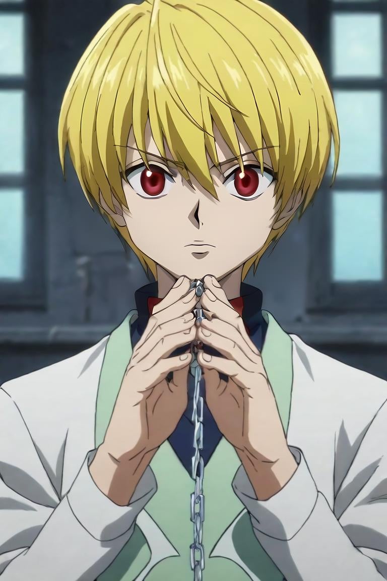 score_9, score_8_up, score_7_up, score_6_up, score_5_up, score_4_up, BREAK source_anime, anime screencap, , , looking at viewer, , depth of field, 1boy, solo, male focus, <lora:kurapika_hxh_pony:0.74>, kurapika_hxh, blonde hair, red eyes, short hair, bangs, hair between eyes, chain, , islamic golden age, Hands on heart, showing sincerity, <lora:sdxl_lightning_8step_lora:1>