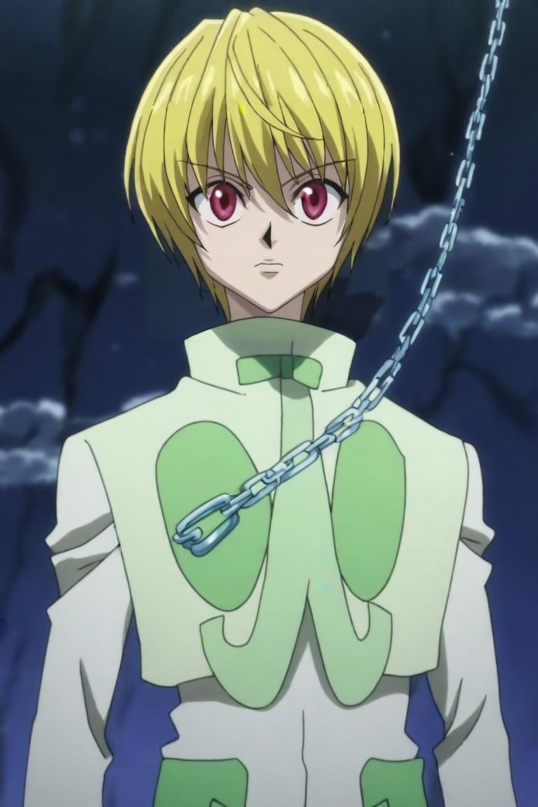 score_9, score_8_up, score_7_up, score_6_up, score_5_up, score_4_up, BREAK source_anime, anime screencap, , official style, looking at viewer, , , 1boy, solo, male focus, <lora:kurapika_hxh_pony:0.86>, kurapika_hxh, blonde hair, red eyes, short hair, bangs, hair between eyes, chain, pea coat, , A fairytale land where magical creatures live and thrive, , <lora:sdxl_lightning_8step_lora:1>