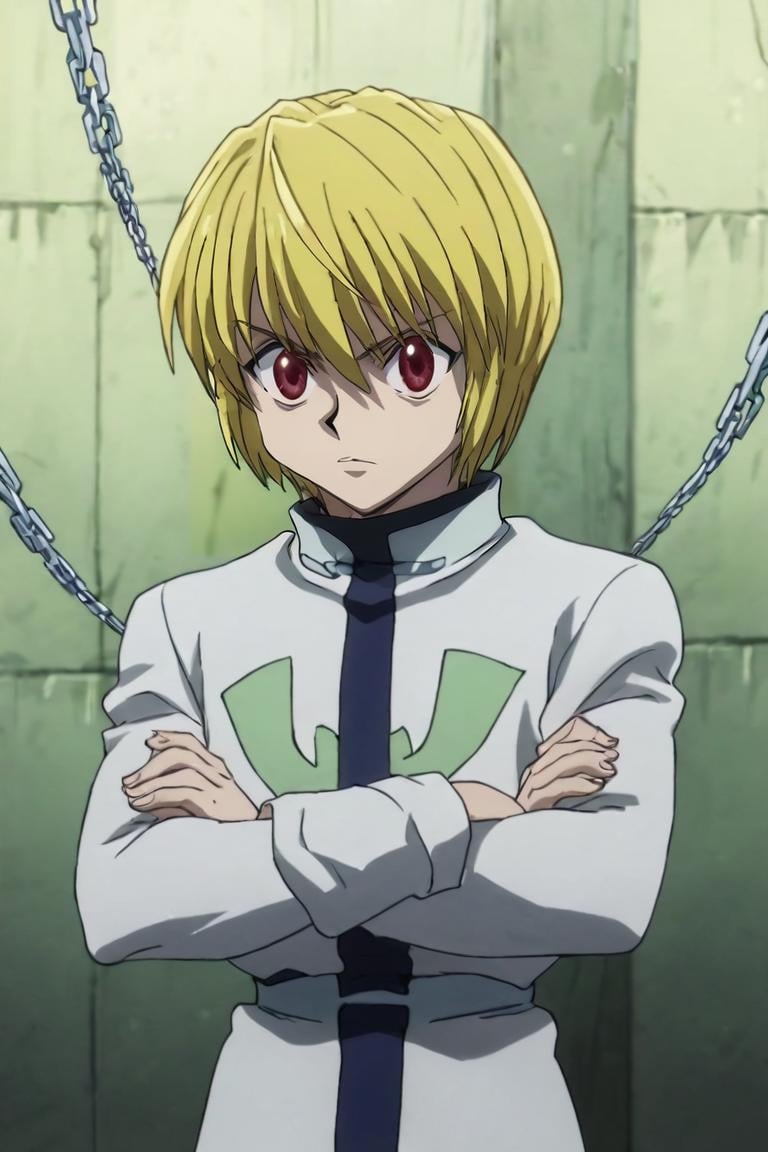 score_9, score_8_up, score_7_up, score_6_up, score_5_up, score_4_up, BREAK source_anime, anime screencap, anime coloring, , , , , 1boy, solo, male focus, <lora:kurapika_hxh_pony:0.96>, kurapika_hxh, blonde hair, red eyes, short hair, bangs, hair between eyes, chain, funny costume, , Standing with crossed arms and raised eyebrow, indicating skepticism, <lora:sdxl_lightning_8step_lora:1>