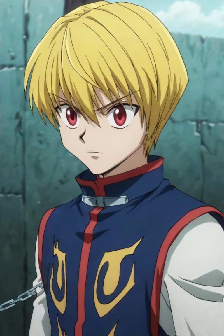 score_9, score_8_up, score_7_up, score_6_up, score_5_up, score_4_up, BREAK source_anime, anime screencap, , official style, , upper body, , 1boy, solo, male focus, <lora:kurapika_hxh_pony:0.76>, kurapika_hxh, blonde hair, red eyes, short hair, bangs, hair between eyes, chain, cop costume, islamic golden age, , <lora:sdxl_lightning_8step_lora:1>