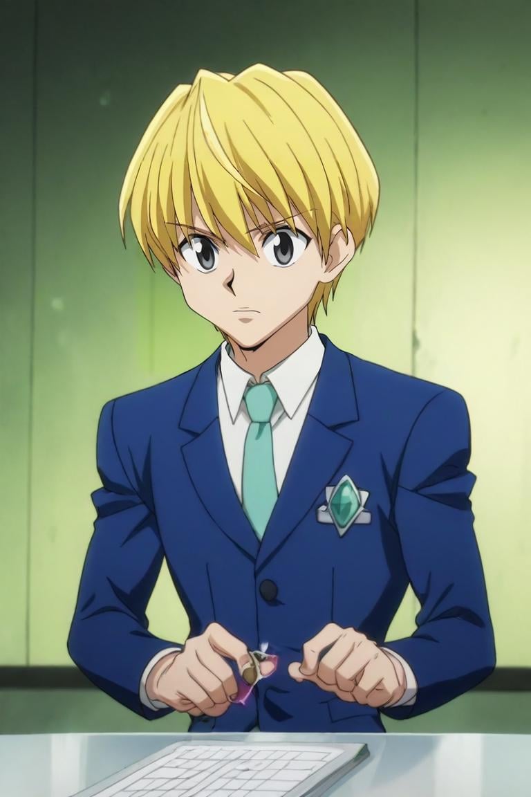 score_9, score_8_up, score_7_up, score_6_up, score_5_up, score_4_up, BREAK source_anime, anime screencap, anime coloring, official style, , upper body, , 1boy, solo, male focus, <lora:kurapika_hxh_pony:0.76>, kurapika_hxh, , businessman costume, The Crystal Cave: A fantastical place where gemstones and crystals grow in abundance, , <lora:sdxl_lightning_8step_lora:1>