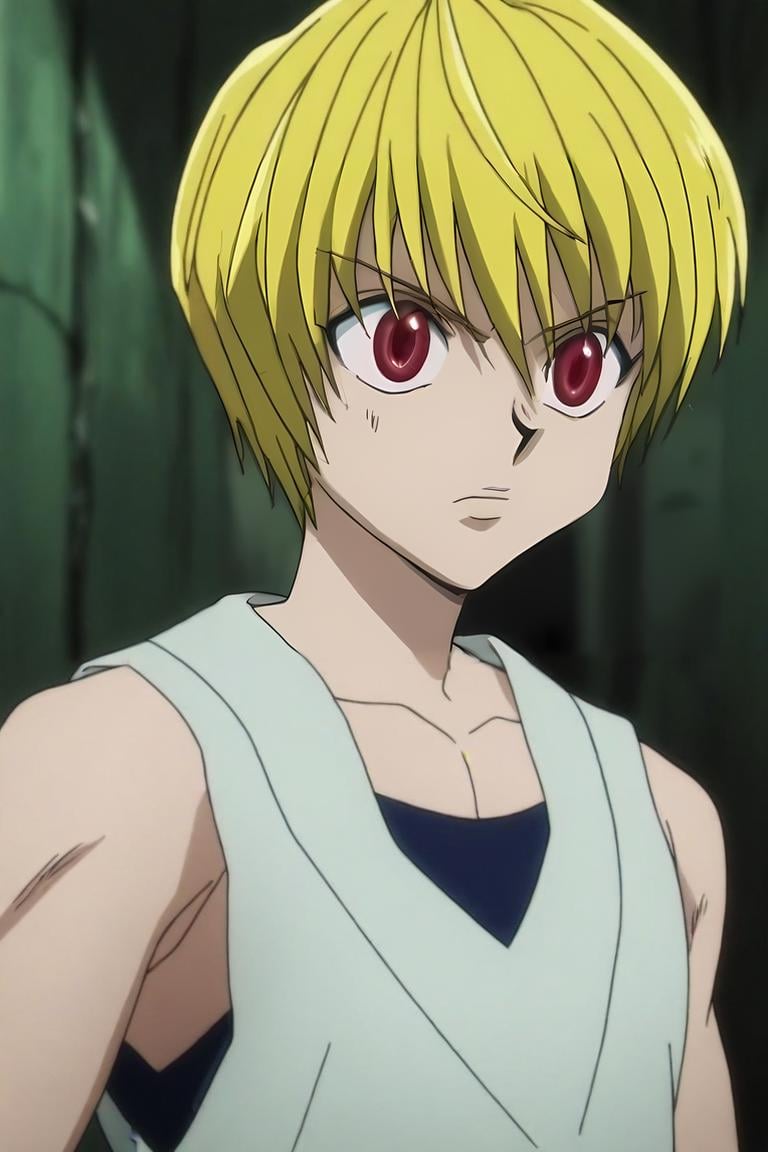 score_9, score_8_up, score_7_up, score_6_up, score_5_up, score_4_up, BREAK source_anime, anime screencap, , official style, , upper body, , 1boy, solo, male focus, <lora:kurapika_hxh_pony:0.9>, kurapika_hxh, blonde hair, red eyes, short hair, bangs, hair between eyes, , tank top, , post-apocalyptic, , <lora:sdxl_lightning_8step_lora:1>