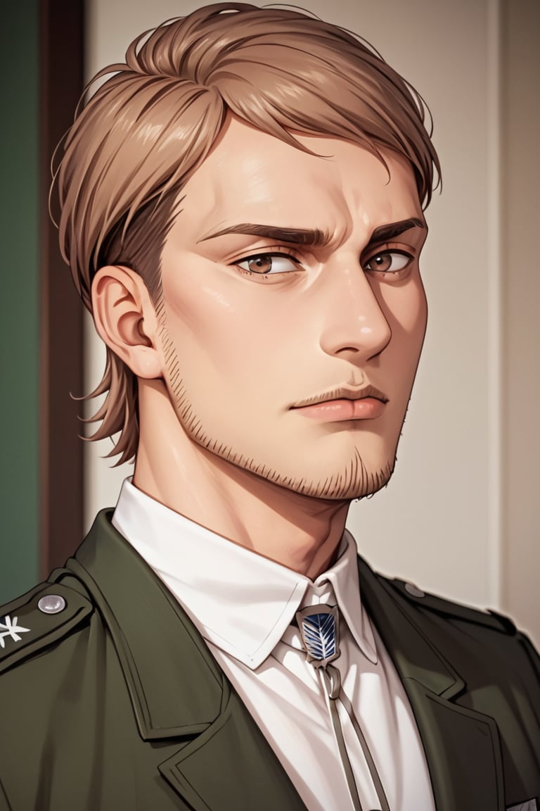 score_9, score_8_up, score_7_up, solo male, , Jean Kirstein, brown hair, light-brown eyes, thin eyebrows, facial hair, stubble, paradis military uniform, white collared shirt, bolo tie, green army overcoat, white pants, black combat boots, handsome, charming, alluring, upper body, perfect anatomy, perfect proportions, best quality, masterpiece, high_resolution, cowboy shot, photo background, (perfect face, perfect eyes:1.3)