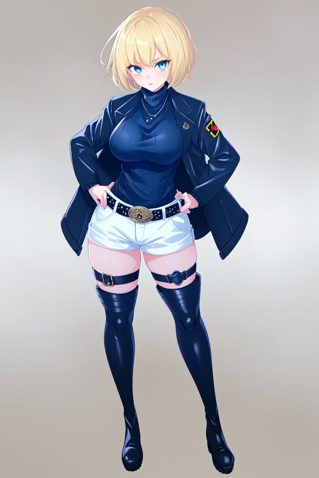 1girl, solo, breasts, looking at viewer, short hair, blue eyes, blonde hair, large breasts, thighhighs, holding, standing, jacket, full body, boots, shorts, belt, black thighhighs, black footwear, sweater, black jacket, hand on hip, short shorts, thigh strap, thigh boots, ribbed sweater, blue sweater
