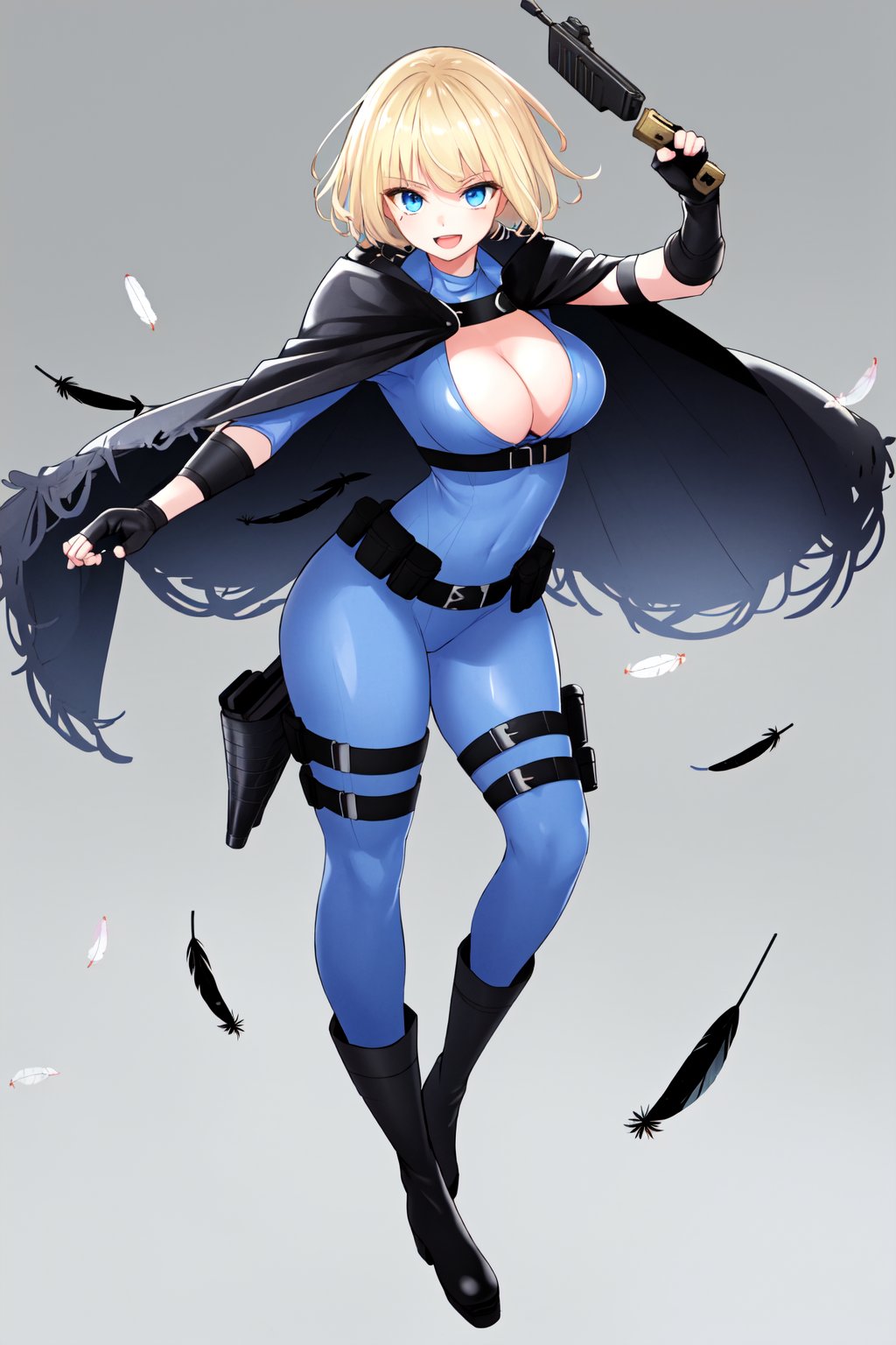 1girl, solo, breasts, looking at viewer, full body, smile, short hair, open mouth, blue eyes, blonde hair, large breasts, gloves, holding, cleavage, weapon, black gloves, fingerless gloves, cape, holding weapon, gun, bullet belt, bodysuit, feathers, holding gun, black feathers, long black boots, footwear 38


