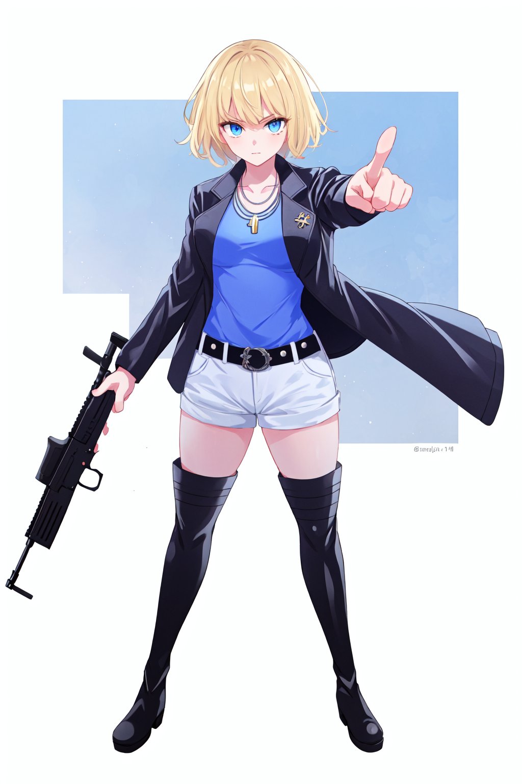 1girl, solo, looking at viewer, short hair, bangs, blue eyes, blonde hair, simple background, thighhighs, white background, jewelry, closed mouth, standing, jacket, full body, weapon, boots, shorts, belt, necklace, black footwear, black jacket, gun, short shorts, thigh boots, blue shirt, rifle, white shorts, leather, pointing at viewer


