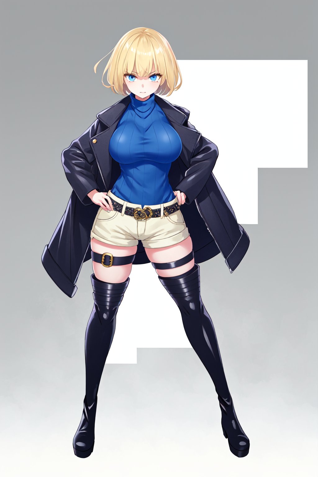 1girl, solo, breasts, looking at viewer, short hair, blue eyes, murderess face, blonde hair, large breasts, thighhighs, holding, standing, jacket, full body, boots, shorts, belt, black thighhighs, black footwear, sweater, black jacket, hand on hip, short shorts, thigh strap, thigh boots, ribbed sweater, blue sweater
