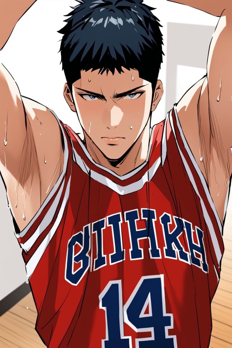 (hisash1mitsui), bluish tinted hair, lips apart, red basketball uniform, arms up, looking up, sweat, wooden floor, gymnasium, cowboy shot, masterpiece, best quality, ultra high definition, 1080p