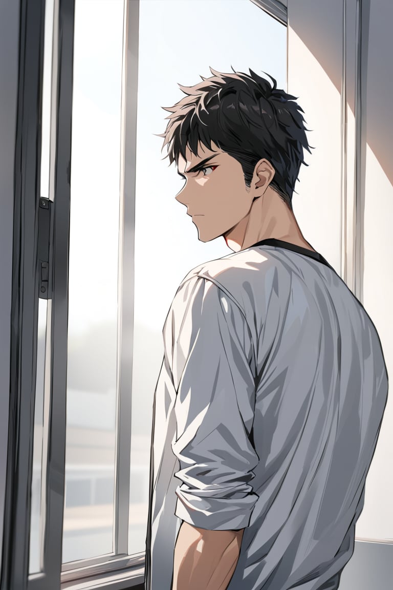 (hisash1mitsui), redish tinted hair, serious, white shirt, open jacket, looking out window, school classroom, cowboy shot, semi side view, masterpiece, best quality, ultra high definition, 1080p