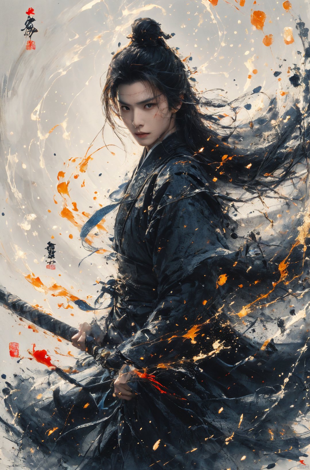  sdmai, wuxia, Chinese ink painting, artistic ink painting, Chinese martial arts films, wearing black robes, fighting posture, cinematic grandeur, splashing details, wild and powerful, solo, weapon, black hair, sword, long hair, male focus, looking at viewer, 1boy, scar, asuo, (\shen ming shao nv\), Ink scattering_Chinese style