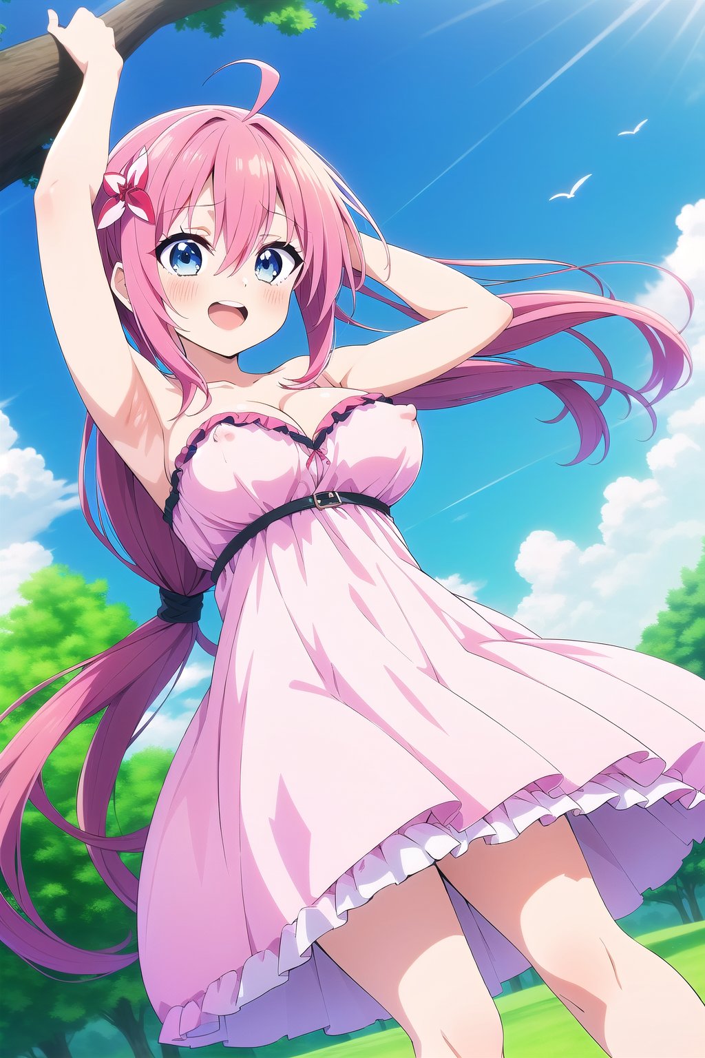 masterpiece, best quality, very aesthetic, absurdres, (recent), 1girl, solo, long hair, breasts, looking at viewer, blush, smile, open mouth, bangs, blue eyes, large breasts, hair ornament, dress, cleavage, hair between eyes, bare shoulders, very long hair, standing, collarbone, ahoge, :d, red hair, outdoors, frills, sky, teeth, sleeveless, day, cloud, armpits, star \(symbol\), arms up, covered nipples, tree, blue sky, strapless, floating hair, sleeveless dress, upper teeth only, frilled dress, pink dress, strapless dress, star hair ornament, long dress, nakano itsuki (artsc),perfect light