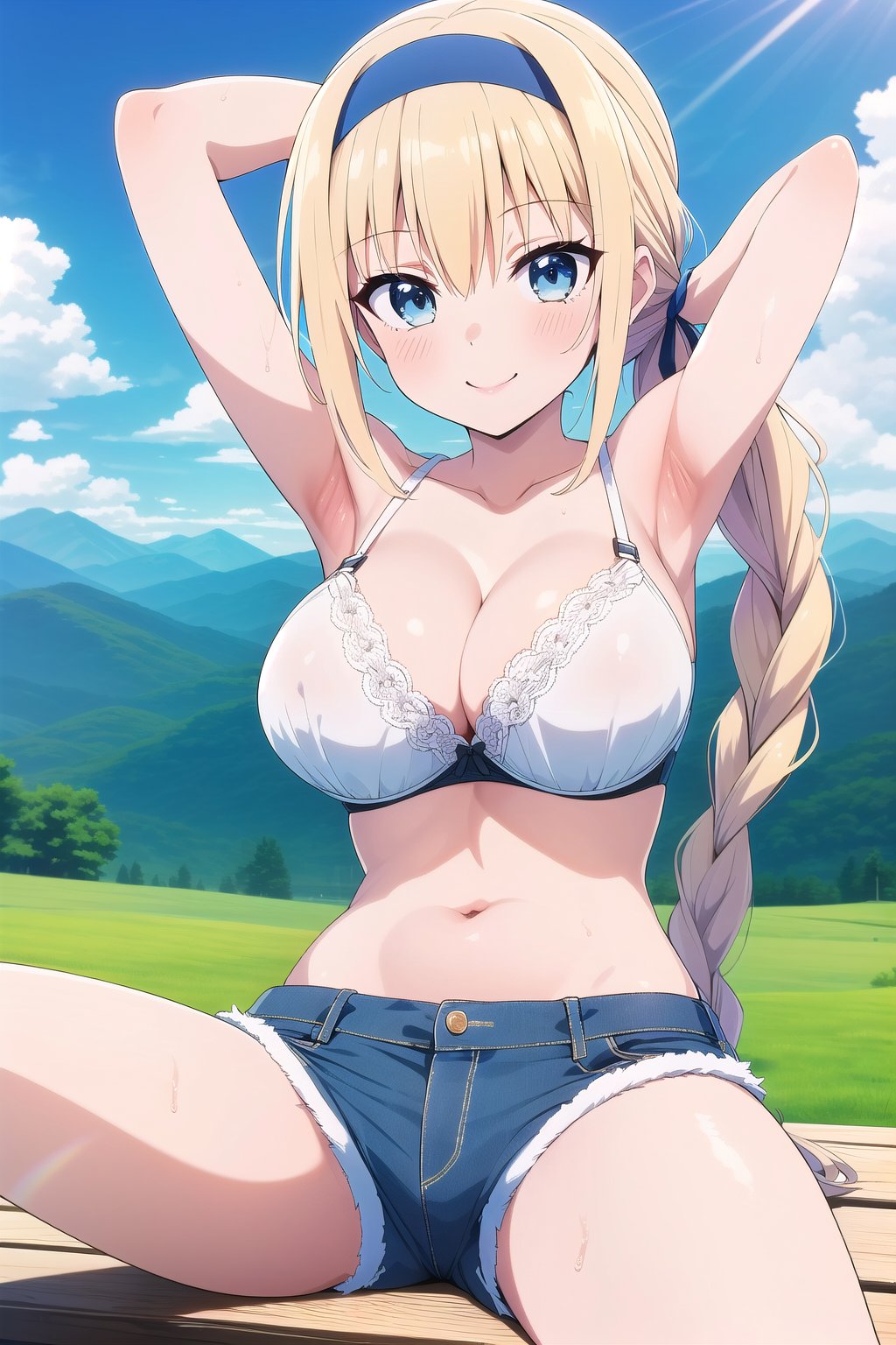 masterpiece, best quality, very aesthetic, absurdres, (recent), nsfw, 1girl, solo, long hair, breasts, looking at viewer, smile, bangs, blue eyes, blonde hair, large breasts, navel, cleavage, sitting, very long hair, underwear, collarbone, braid, thighs, hairband, outdoors, sky, shorts, day, cloud, armpits, stomach, bra, arms up, blue sky, short shorts, single braid, sunlight, denim, arms behind head, white bra, blue shorts, denim shorts, braided ponytail, mountain, blue bra, cutoffs, mountainous horizon, alice zuberg, (artsc)