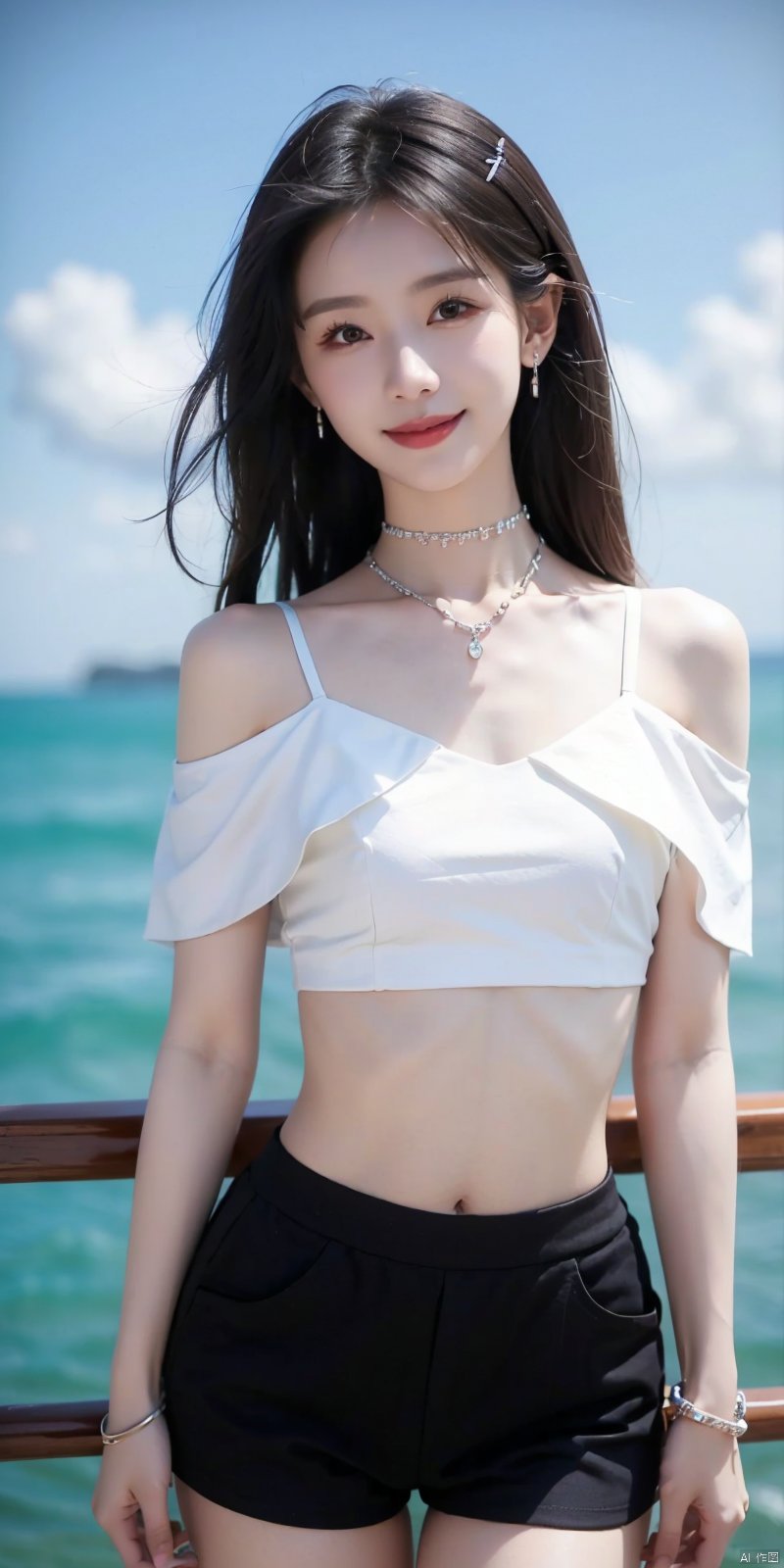  cowboy_shot,(Good structure), DSLR Quality,Short skirt,Blue sky, white clouds, ocean, nai3, 1girl, solo, crop top, , choker, navel, shirt, midriff, crop top overhang, looking at viewer, white shirt, jewelry, breasts, bare shoulders, off-shoulder shirt, off shoulder, black choker, thighs, stomach, long hair, bracelet, short sleeves, ribbon, hand up, collarbone, hair ribbon, medium breasts, , bra strap, , hair ornament, thigh gap, necklace, expressionless, , ,kind smile, ,  duling