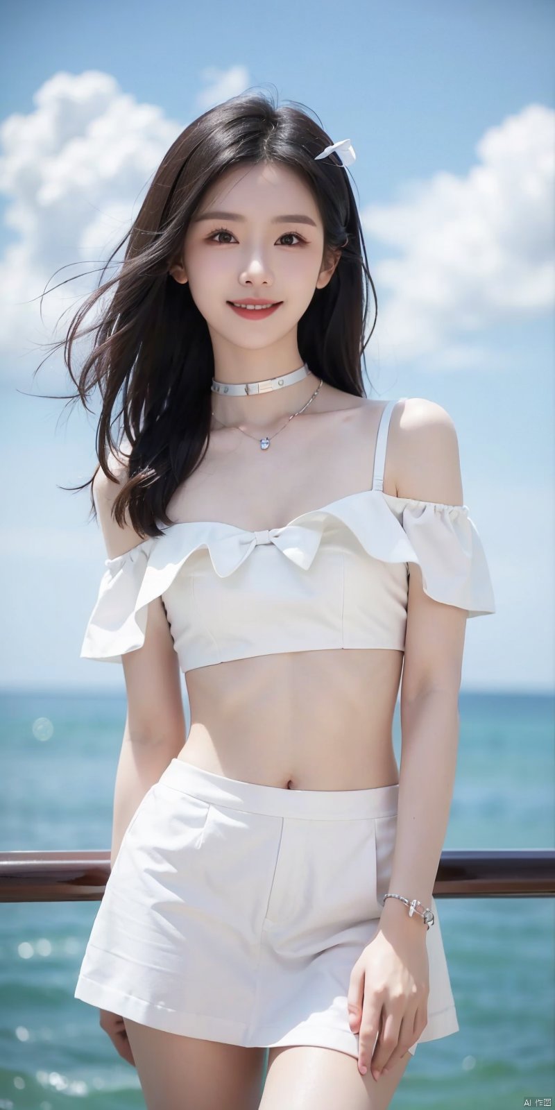  cowboy_shot,(Good structure), DSLR Quality,Short skirt,Blue sky, white clouds, ocean, nai3, 1girl, solo, crop top, , choker, navel, shirt, midriff, crop top overhang, looking at viewer, white shirt, jewelry, breasts, bare shoulders, off-shoulder shirt, off shoulder, black choker, thighs, stomach, long hair, bracelet, short sleeves, ribbon, hand up, collarbone, hair ribbon, medium breasts, , bra strap, , hair ornament, thigh gap, necklace, expressionless, , ,kind smile, , duling