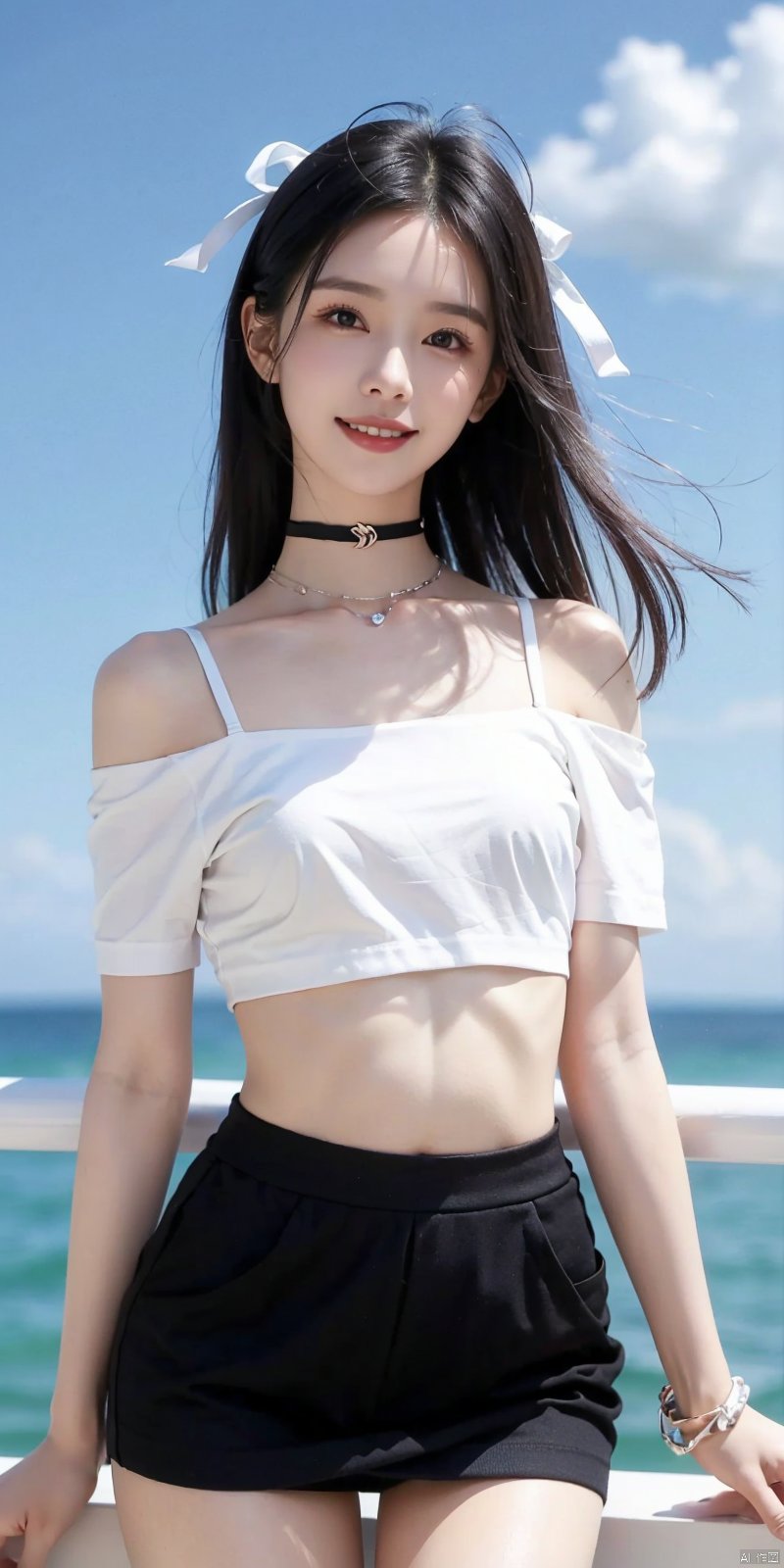  cowboy_shot,(Good structure), DSLR Quality,Short skirt,Blue sky, white clouds, ocean, nai3, 1girl, solo, crop top, , choker, navel, shirt, midriff, crop top overhang, looking at viewer, white shirt, jewelry, breasts, bare shoulders, off-shoulder shirt, off shoulder, black choker, thighs, stomach, long hair, bracelet, short sleeves, ribbon, hand up, collarbone, hair ribbon, medium breasts, , bra strap, , hair ornament, thigh gap, necklace, expressionless, , ,kind smile, ,  duling