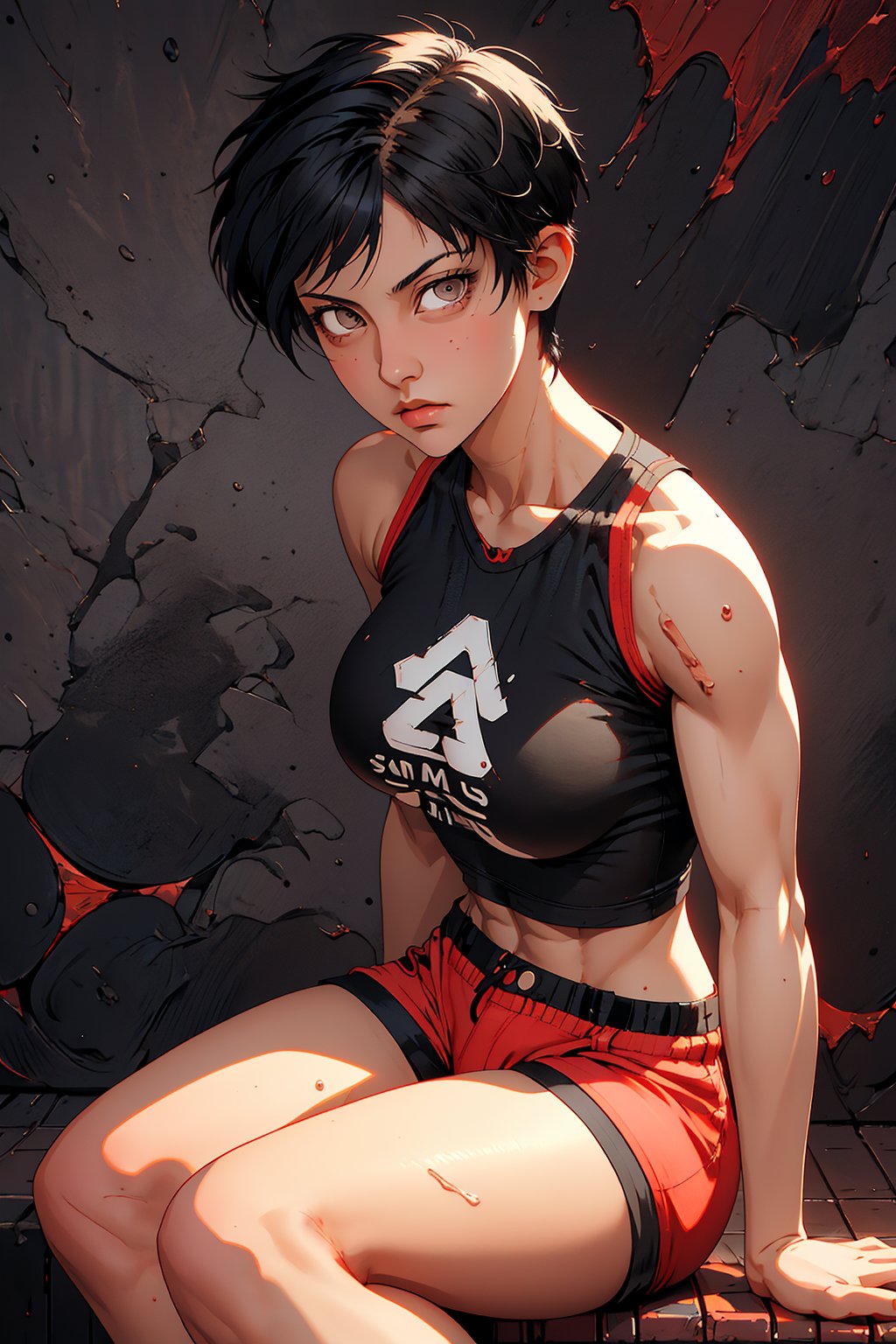 1girl, Sanae Sawamura, solo, oil painting, impasto, ((Looking directly at the viewer)), ((front posture)) male focus. Sanae Sawamura is a beautiful young woman, 18 years old, tomboy,  short black hair ((Short hair on the sides)), grey eyes.  black t-shirt, red shorts.  muscular female,  strong arms, big breasts, ripped abs, wide hips, wide thighs.  psychedelic background, masterpiece, nijistyle, niji, sciamano240, soft shading, 1girl, Sanae Sawamura, portrait, detailed, Color Booster,