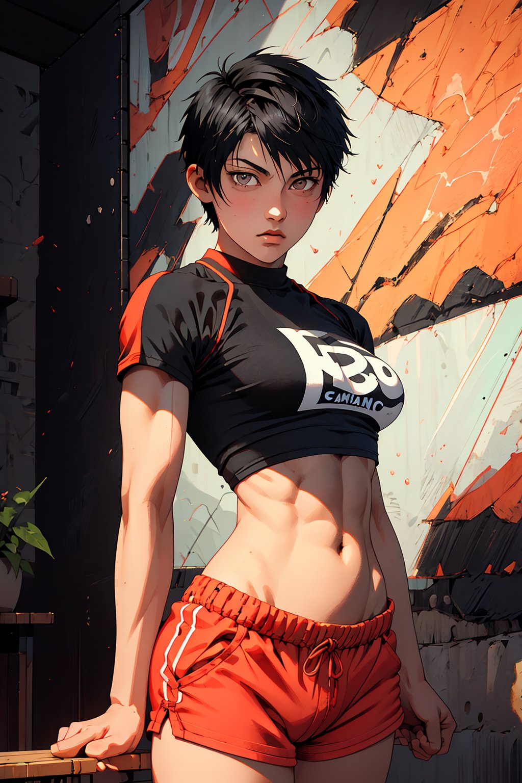 1boy, Sanae Sawamura, solo, oil painting, impasto, ((front posture looking at the viewer)),  male focus. Sanae Sawamura is a beautiful young woman, 18 years old, tomboy,  short black hair ((Short hair on the sides)), grey eyes.  black t-shirt, red shorts.  muscular body  strong arms, big breasts, ripped abs, wide hips, wide thighs.  psychedelic background, masterpiece, nijistyle, niji, sciamano240, soft shading, 1girl, Sanae Sawamura, portrait, detailed, Color Booster,