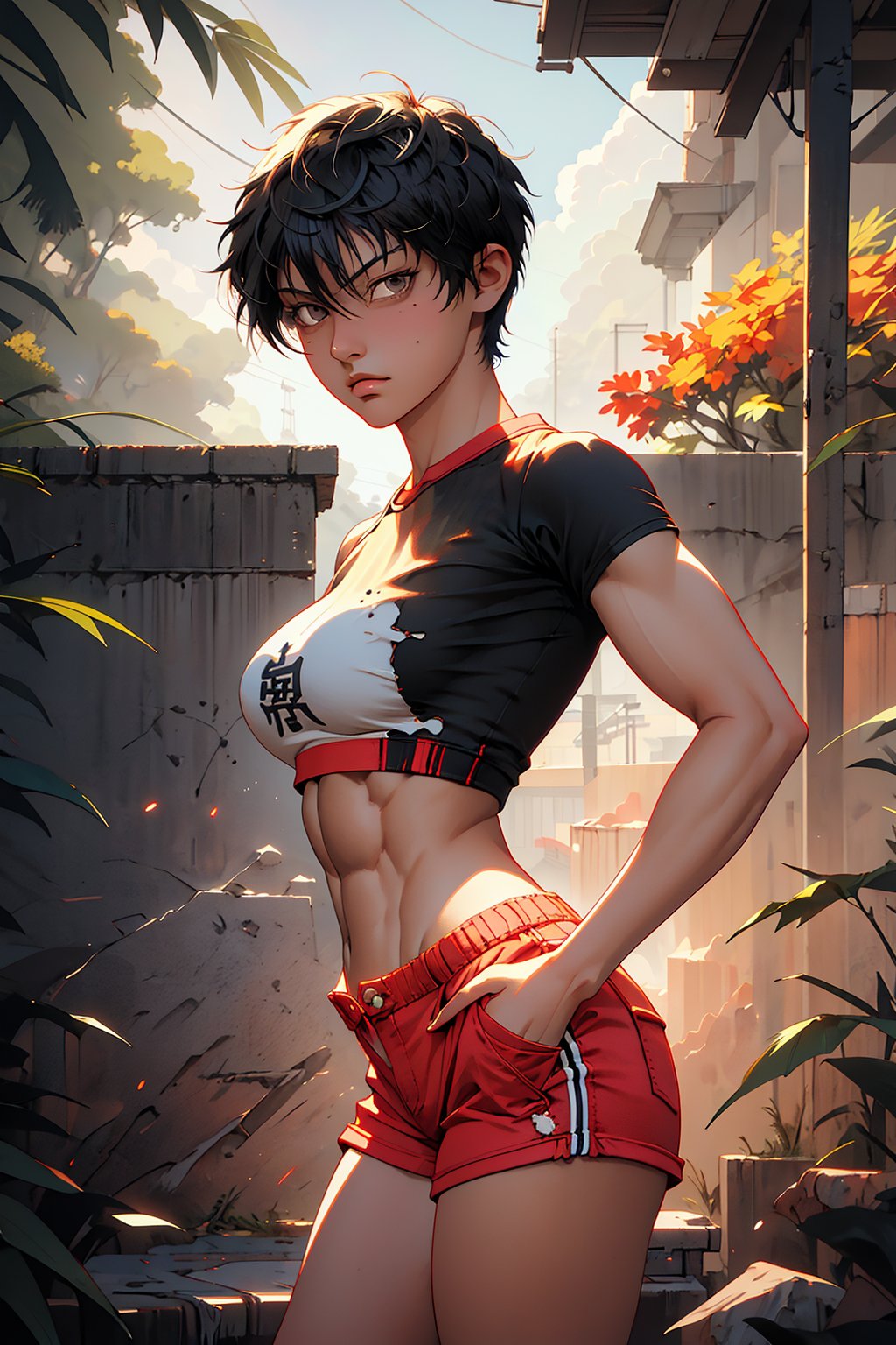1boy, Sanae Sawamura, solo, oil painting, impasto, ((front posture looking at the viewer)),  male focus. Sanae Sawamura is a  woman, 18 years old, tomboy,  short black hair ((Short hair on the sides)), grey eyes.  black t-shirt, red shorts.  muscular body  strong arms, big breasts, ripped abs, wide hips, wide thighs.  psychedelic background, masterpiece, nijistyle, niji, sciamano240, soft shading, 1girl, Sanae Sawamura, portrait, detailed, Color Booster,