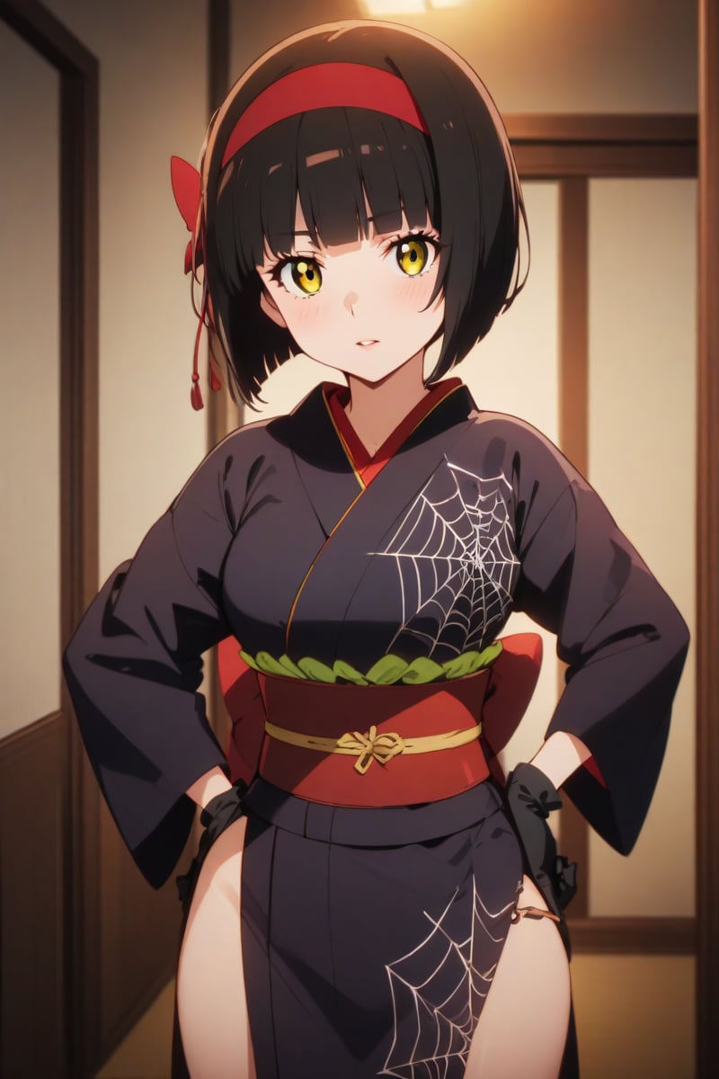 masterpiece, best quality, very aesthetic, absurdres, (recent), 1girl, solo, looking at viewer, short hair, bangs, black hair, gloves, long sleeves, yellow eyes, hairband, parted lips, japanese clothes, black gloves, indoors, wide sleeves, blunt bangs, kimono, hand on hip, sash, obi, bob cut, red hairband, black kimono, spider web print
,(mio-XL)