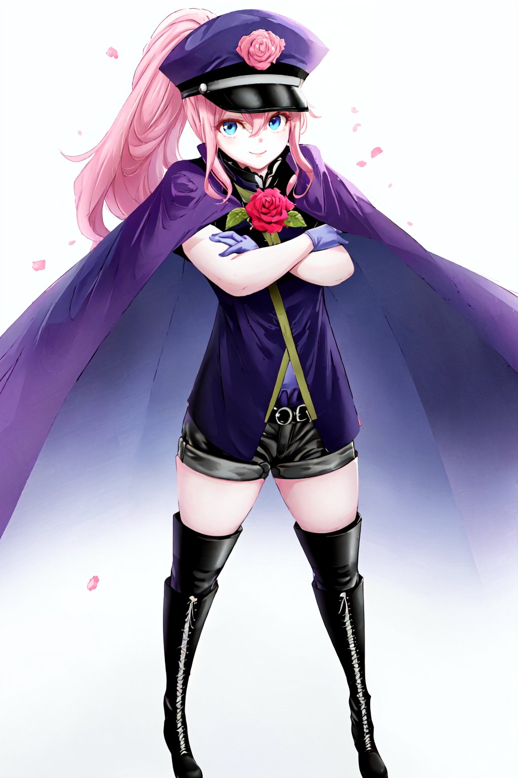 1girl, solo, long hair, looking at viewer, smile, blue eyes, simple background, thighhighs, gloves, hat, white background, hair between eyes, very long hair, closed mouth, standing, full body, ponytail, pink hair, flower, short sleeves, sidelocks, boots, shorts, black thighhighs, cape, black footwear, black headwear, rose, black shorts, crossed arms, knee boots, high ponytail, peaked cap, pink flower, cross-laced footwear, legs apart, lace-up boots, white cape



