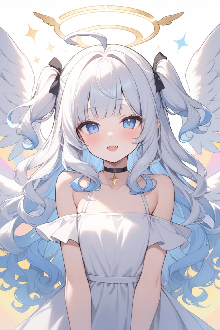 1girl, angel, white hair, long curly hair, (two side up), blue eyes,  (curly hair:1.2), (wavy hair), (hair curls)
, (bangs), (two side up), two blue hair ties on head, (Double golden halo on her head), choker, angel wings, ahoge, fang,multicolored background,cloud,sparkle,masterpiece,high quality,