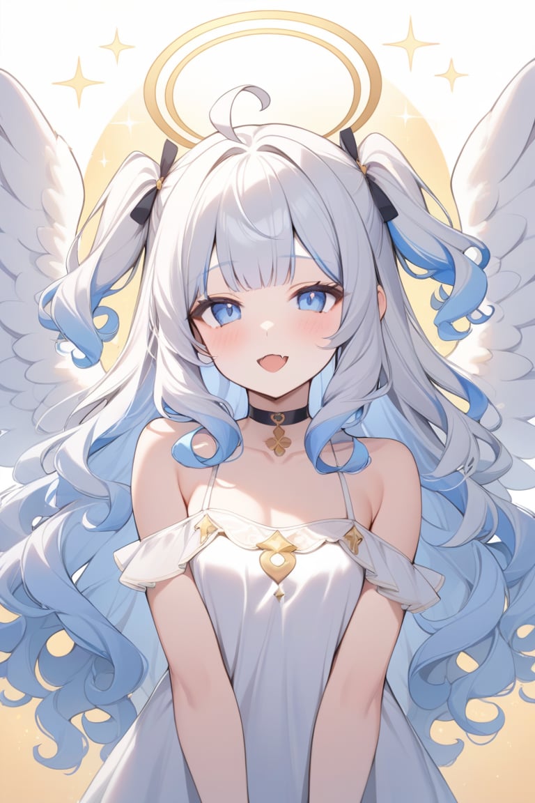 1girl, angel, white hair, long curly hair, (two side up), blue eyes,  (curly hair:1.2), (wavy hair), (hair curls)
, (bangs), (two side up), two blue hair ties on head, (Double golden halo on her head), choker, angel wings, ahoge, fang,multicolored background,cloud,sparkle,masterpiece,high quality,