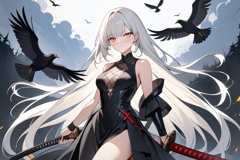 1girl, long white hair, yellow eyes, black dress, holding a katana sword, High detail, crows, (xx)1girl, masterpiece, best quality, 8K, high resolution, absurdities:1.2, masterpiece, best quality, ultra detailed , illustration,1 girl,fantasy,bright,apocalypse