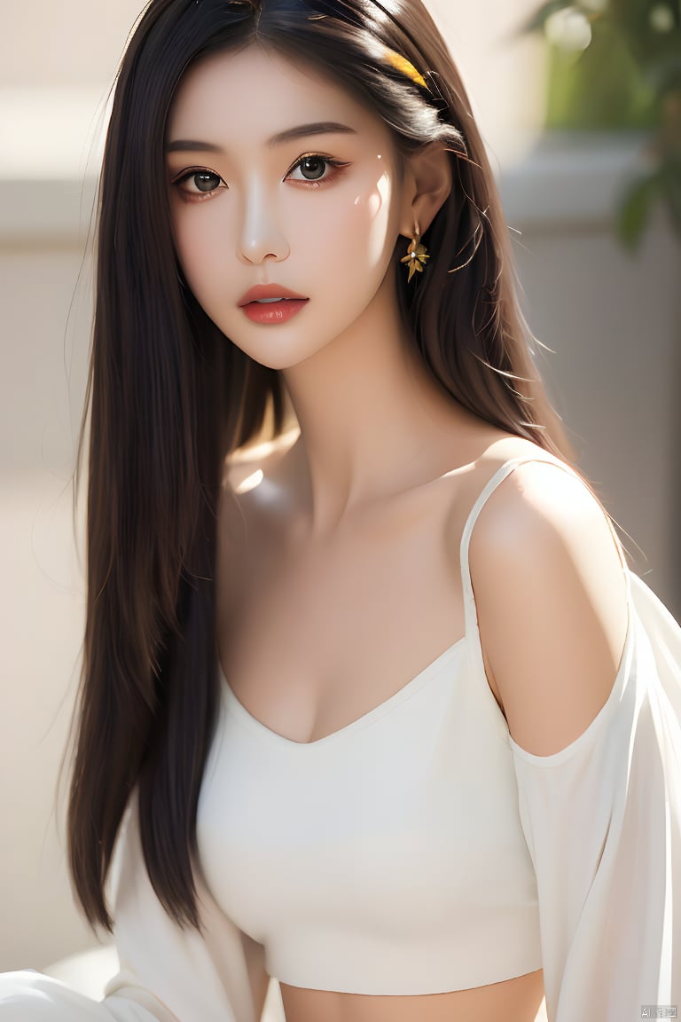  Best quality, masterpiece, ultra high res, (photorealistic:1.2), a girl,Depth of field, golden hour, (rim lighting:1.1), soft shadows, vibrant colors, hazy glow, painterly effect, dreamy atmosphere,A clear face,Black hair, long hair, straight hair,( white clothes:1.2),Tight clothes,Close-fitting clothes,Perfect facial features,Amazing beauty,collarbone, slender waist, colored lead, national style, (hand painting:1.3), mystery, 1 girl