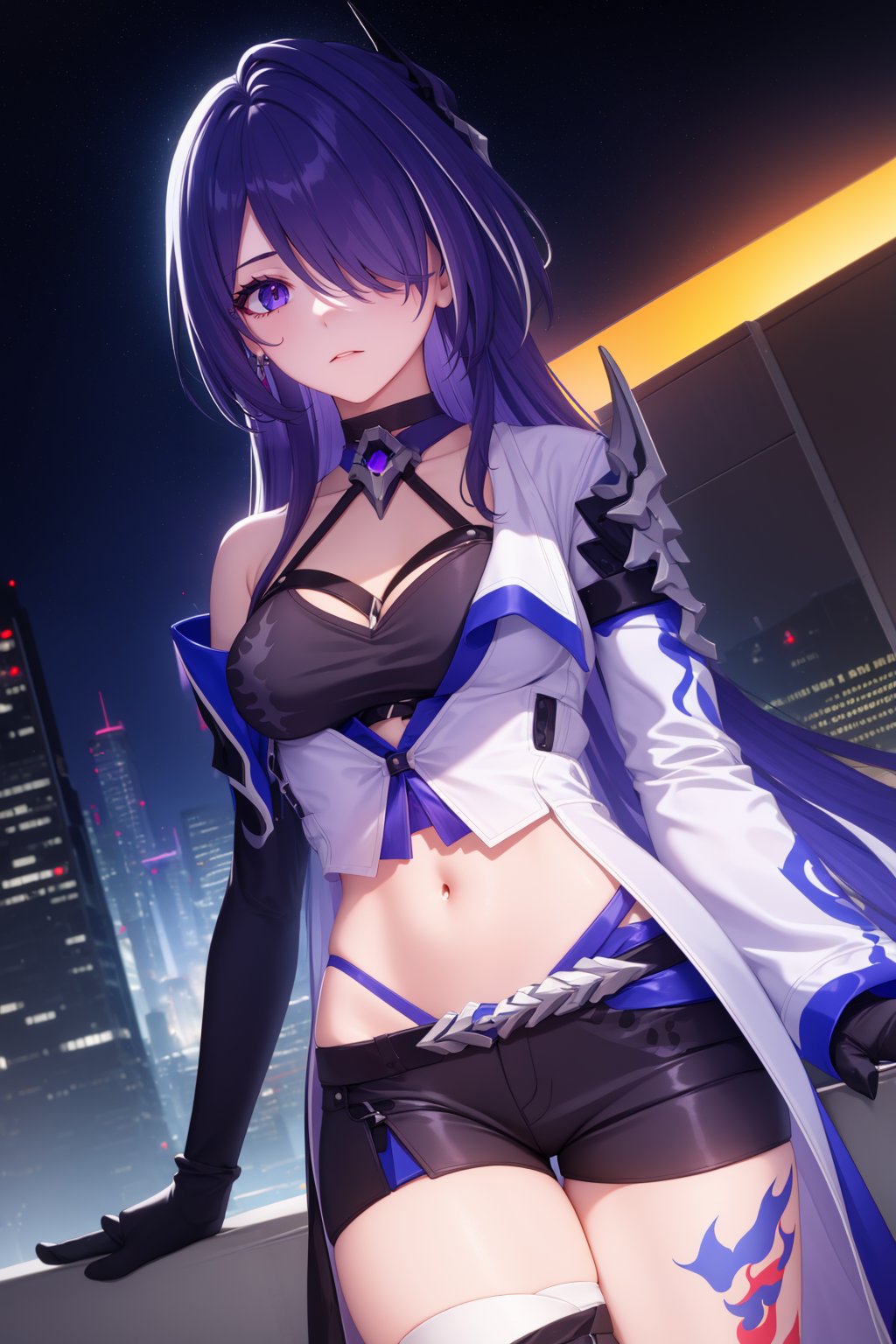 1girl, hair over one eye, gloves, black shorts, single thighhigh, flame tattoo, asymmetrical sleeve, expressionless, city, science fiction, neon lights, starry sky, 